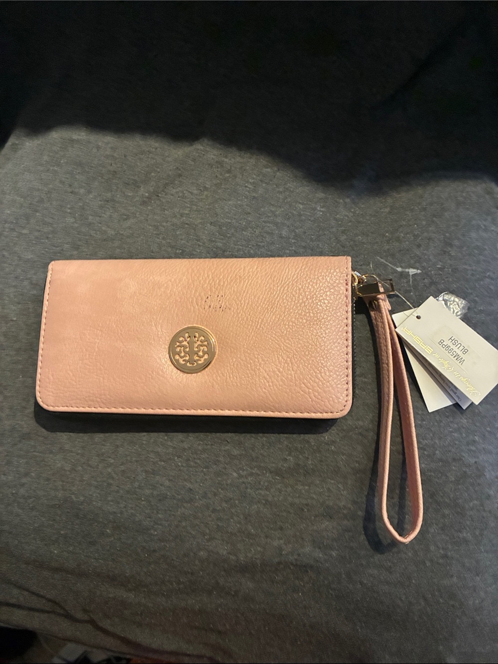 Blush Pink Leather Wristlet Clutch with Gold Logo Accent